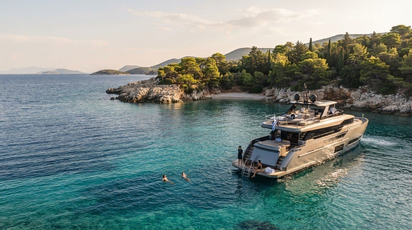 Crewed Yacht Charter in Spetses: Swim at Secluded Zogeria Bay