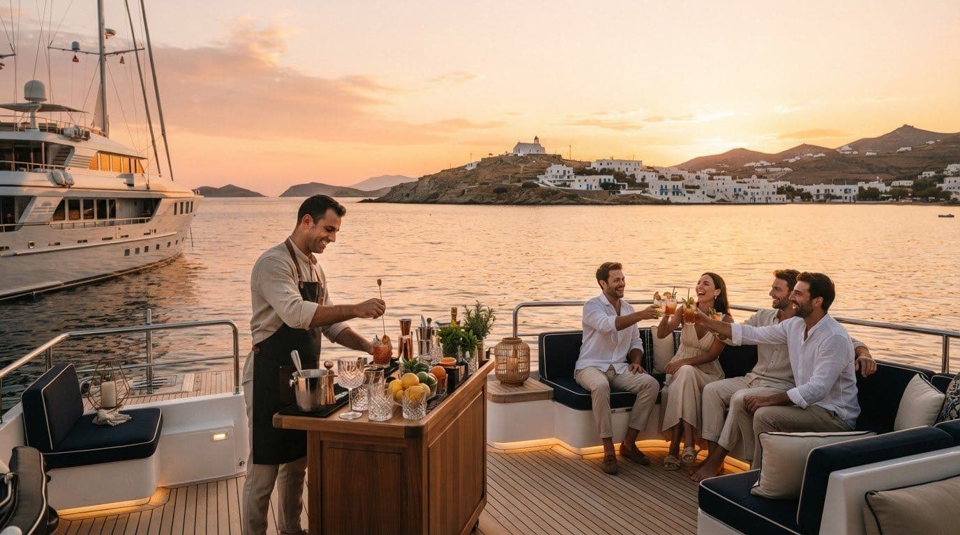 Private Mixologist Hire for Superyacht Sunset Cocktail Parties in Paros