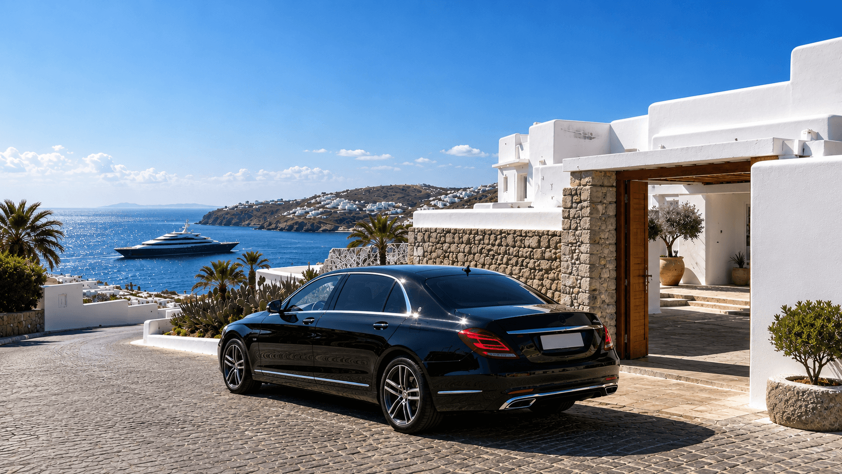 Chauffeured black Mercedes at the entrance of a private Mykonos villa overlooking the Aegean